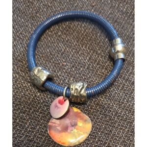 Artisan Blue Ribbed Magnetic Bracelet with Abstract Enamel Charms Silver Tone